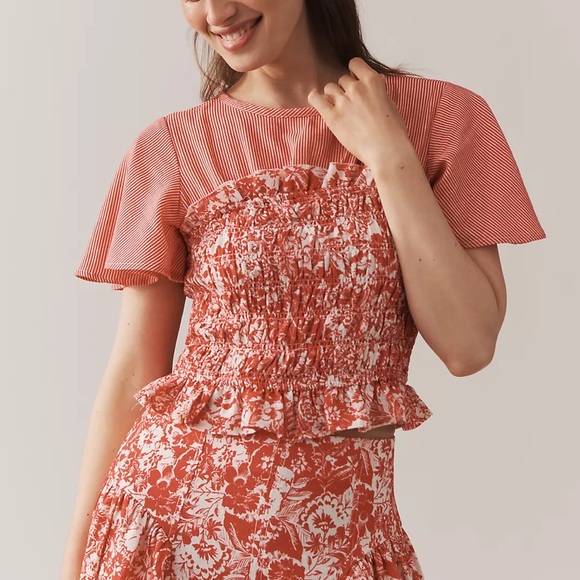 Anthropologie Tops - Anthropologie Short-Sleeve Smocked Linen Twofer Top - Teaberry